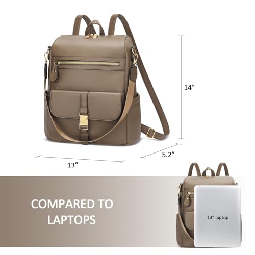 Image of KKXIU Backpack Purse for Women - Multi-pocket Leather backpack for Travel, Work & School with Anti-Theft Lock Pocket, Luggage Strap & Water Bottle Pockets - 13x14x5.2 Inch, 1.67lb (Khaki)