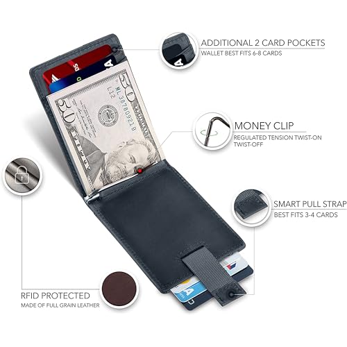 Image of Contacts Genuine Leather Money Clip Wallet Slim Front Pocket RFID Blocking Card Holder Minimalist Mini Bifold for Men's with Smart Pull Strap 8 Card Slots Photo ID (Blue)