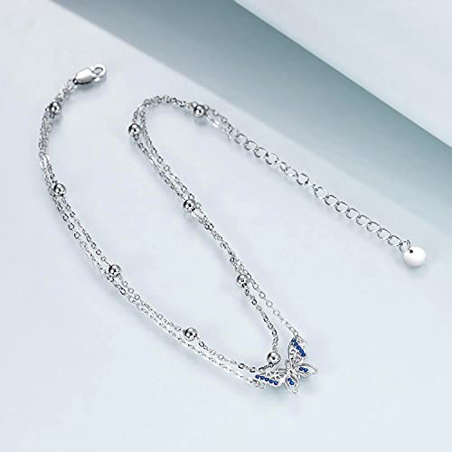 Image of POPLYKE 925 Sterling Silver Double Layered Chain Evil Eye Daisy Sunflower Butterfly Anklets for Women Holiday Beach Crystal Ankle Bracelet Dainty Evil Eye Jewelry