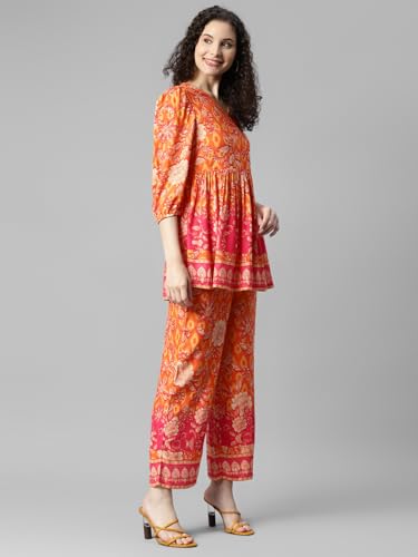 Image of DEEBACO Women's Floral Print Rayon Top & Pants Co Ord Set for Women V Neck 3 /4 Puff Sleeve Ladies Party Casual Wear Fashionable for Girls Loose Fit Cord Set (DBCOMR00000978 M Orange)