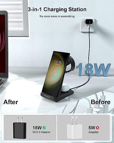Induktive Ladestation für Samsung,ADADPU Kabelloses Ladegerät 3 in 1 Kompatibel für Galaxy Watch 6/5/5 Pro/4/3/Active 2,Wireless Charger für Samsung S24 S23 S22 Ultra S21 Note 20 Galaxy Buds – Bild 4