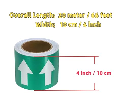 Image of Pipe Flow Arrow Tape Pipeline Arrow Stickers 4 Inch x 66 Ft (10cm x 20M) Pipe Identification Marking Arrow Labels with Reflective Strips for Pipe Flow Markers, Green /White