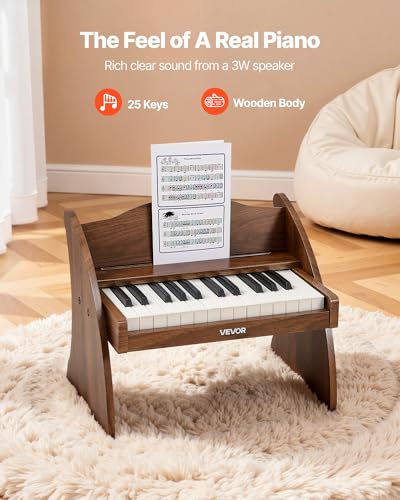 VEVOR Kinder-Keyboard, 25 Tasten, E-Piano, Holzklavier für Kinder ab 3 Jahren, Musikispielzeug mit Realistischem Klang, Dual-Power, Einstellbare Lautstärke, Musikalische Früherziehung, Walnussholz