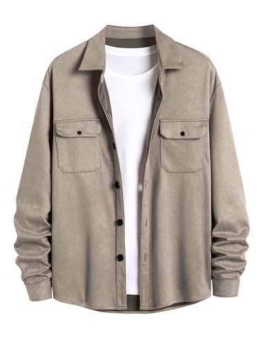 Image of ZAFUL Men's Faux Suede Button Down Shirts Jacket Lightweight Shirt Jacket Long Sleeve Work Coat Solid Color Overshirt