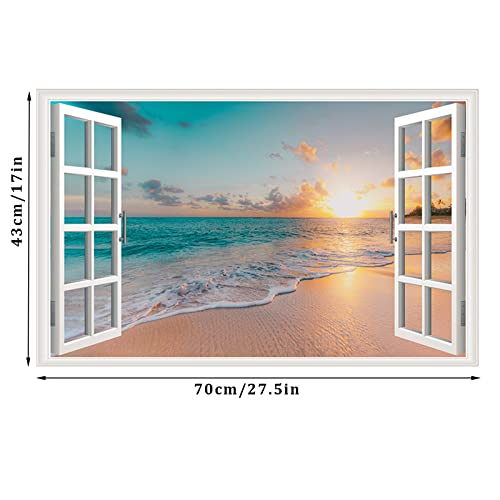 Erllsino Sea Beach Wall Sticker Sunset Seascape Fake Window Wall Stickers Tropical Sandy Beach Faux Window Wall Decal Removable Ocean Landscape Window View Wall Mural For Living Room #TOP5