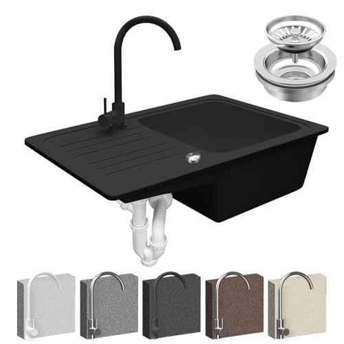 Aquamarin® Lavandino in Granito - Vasca con Gocciolatoio + Kit di Scarico + Sifone + Rubinetto, Reversibile, Colore e Dimensione a Scelta - Lavello ad Incasso (Modello 2 (569 x 220 x 449 mm), Nero)