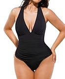 Popilush One Piece Swimsuit Women Tummy Cnotrol Halter V Neck Shapewear Swimsuits Bathing Suit Slimming Swimwear Black
