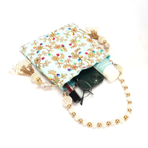 Image of LONGING TO BUY Indian Embroidered Pearl Potli Bag For Women, Sequence Design with Tassel, Wedding Potli Bags