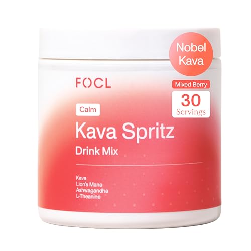 FOCL Instant Kava Drink Mix - Refreshing Non-Alcoholic Calming Powdered Drink with Kava Extract Lions Mane Ashwagandha L-Theanine - Sugar Free Non-GMO - Mixed Berry Flavor -30 Servings