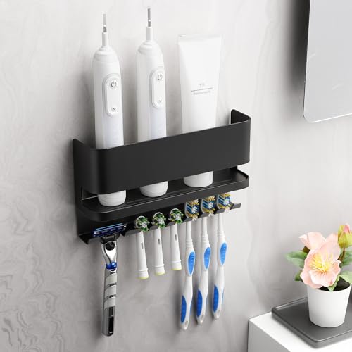 ALOCEO Zahnbürstenhalter Ohne Bohren Zahnbürstenhalter eElektrische Zahnbürste aus Edelstahl Zahnbürstenhalter Wand Elektrische Zahnbürste Halterung für 6 Schwarz
