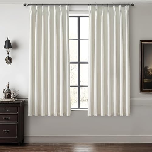 Image of Beige White Pinch Pleated Linen Mini Curtains for Small Window 2 Panels Set, Pretty 100% Blackout Curtains 45 Inches Long Hooks Rings Back Tab for Kitchen Windows Insulated Privacy Drapes