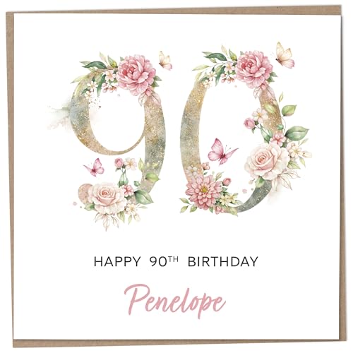 Personalised 90th Birthday Card for Women Luxury Flower & Butterfly Design with Customised Name Special Milestone Keepsake Gift Cute Contemporary Handmade Customizable Age 90 Cards Glitter Effect