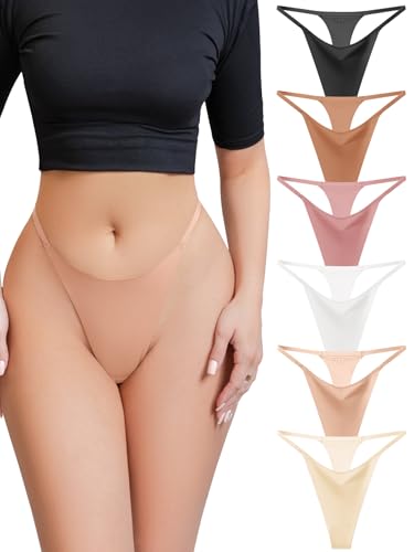Derisaly Women's Seamless Thong Invisibles Panties Reinforced Crotch Low Rise No Show Underwear Stretchy G-string Everyday (Daily-6 Pack, M)