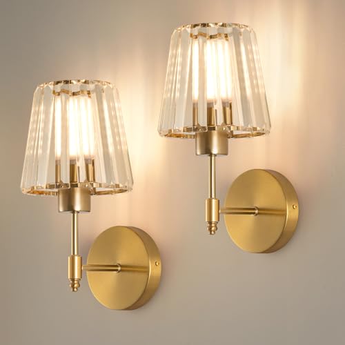 Image of EIDISUNY Battery Operated Crystal Wall Sconces Set of 2, Wireless Wall Lamp with RGB Rechargeable Dimmable Bulbs, Modern Wall Sconce with Remote for Bedroom, Living Room, Bulbs Included(Gold)