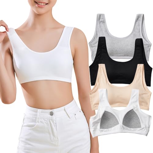 Mädchen-Sport-BH aus Baumwolle Trainings Unterwäsche mit Fest Brustpolster Teenager-BHS in U-Form am Rücken Nahtloses Schlaf- und Alltags Bustier für 10–14 Jahren Kinder, 4er-Pack Mädchen-Sport-BH aus Baumwolle Trainings Unterwäsche mit Fest Brustpolster Teenager-BHS in U-Form am Rücken Nahtloses Schlaf- und Alltags Bustier für 10–14 Jahren Kinder, 4er-Pack