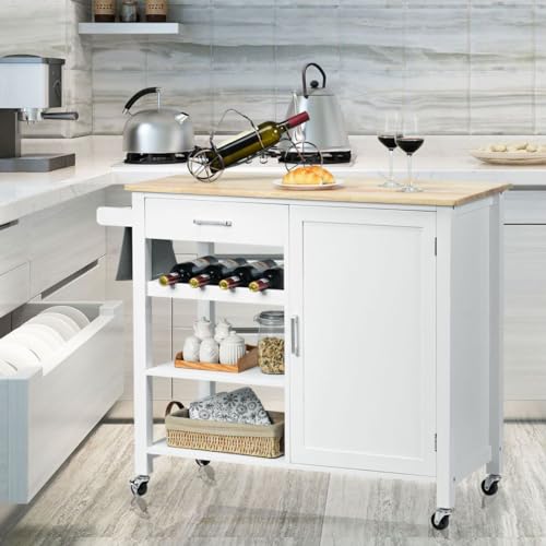 Carrito de isla de cocina móvil con ruedas con parte superior de madera, estantes ajustables para toallas y vino, carrito de servir para comedor y sala de estar, diseño blanco moderno - imagen 8