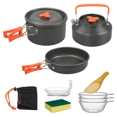 Yeqqzq Camping Cookware Set, Cooking Utensils with Camping Pot Kit, Camping Frying Pan and Teapots for Outdoor Cooking Hiking Travelling for 2-3 People Picnic,Travel