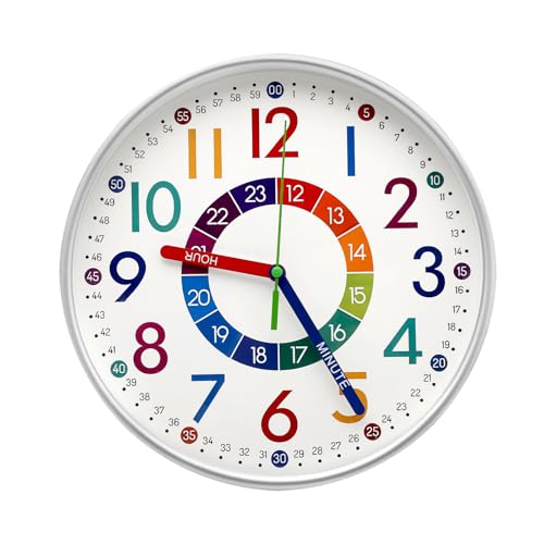 TNSLAND Horloge Murale Enfants, 24.5cm Chiffres colorés Horloge éducative silencieuse pour l'éducation précoce à la Maison Salon décoration Chambre Enfants