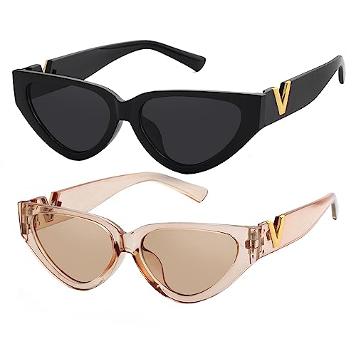 Fashion Cat Eye Sunglasses for Women 90s Retro Trendy Y2K Aesthetic Vintage Small Black Shades 2 Pack