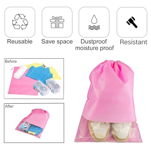 6 Pcs Travel Shoe Bags, ULIFEMALL Large Non-Woven Drawstring Shoes Storage Bag with Transparent Slot Clear Window Portable Waterproof Dustproof Shoes Pouch Packing Organizer for Men Women, Pink4