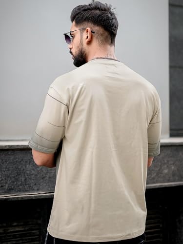 Image of Maniac Men Spray Print Round Neck 3 /4th Sleeve Beige and Grey Cotton Oversized T-Shirt