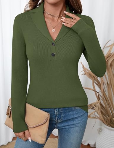 Image of LOMON Sweaters for Women 2025 Fall Knitted V-Neck Collared Button Pullover Dressy Casual Long Sleeve Polo Shirts Business