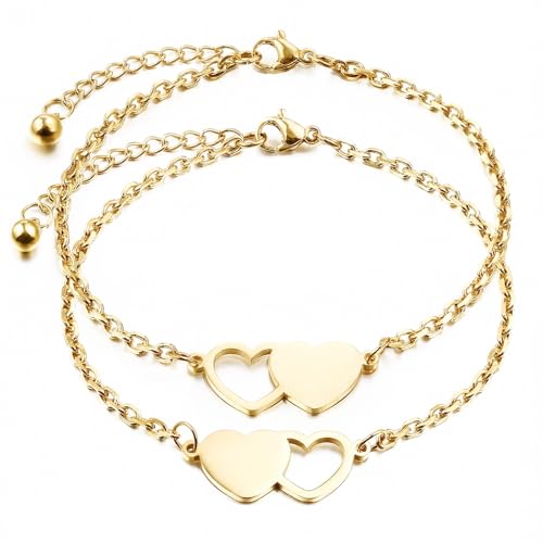 Image of 2 & 3 Pcs Triple Heart Link Sister BFF Bangle Bracelet Set | Matching Bestie Friendship Jewelry, Mother's Day Graduation Gifts for Women Teengirls