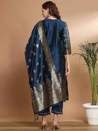 Image of VredeVogel Women's Cotton Silk Jacquard, Banarasi Silk Kurta Pant With Dupatta Set