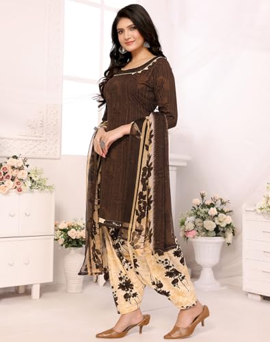 Image of Yashika Women's Printed Dress Material - Unstitched Crepe Fabric Kurti, Pants & Dupatta Set
