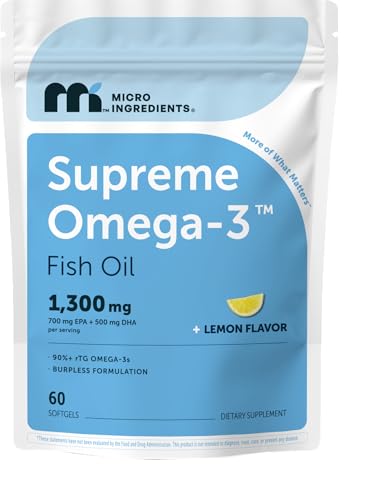 Micro Ingredients Supreme Omega-3 Fish Oil w/Ultra High EPA & DHA Burpless Softgels | rTG Omega-3 with Vitamin D3 | Wild-Caught Cold Deep-Sea Fish | Lemon Flavor Easy to Swallow 60ct