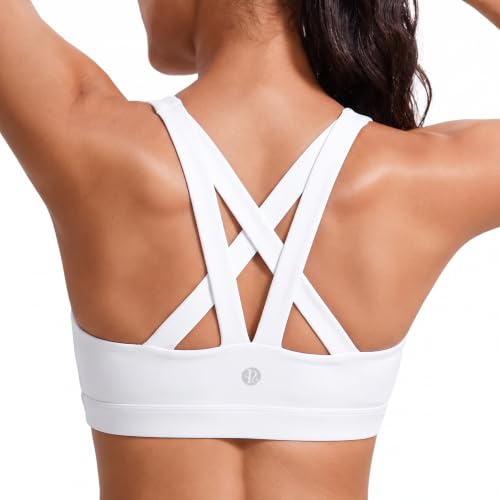 Image of RUNNING GIRL Sports Bras for Women – V-Neck Criss-Cross Back Yoga Bra, Padded Strappy Medium Support Workout Top for Gym, Fitness & Everyday Wear,White_M