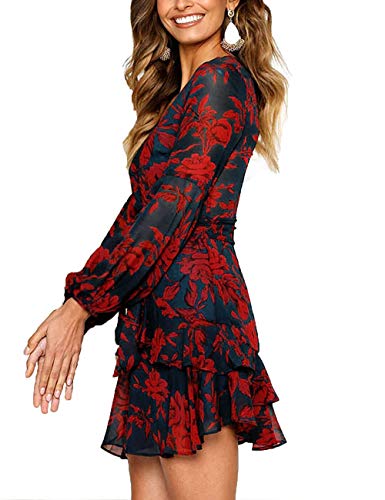 uguest Women Long Sleeve V Neck Dress Floral Mini Swing Party Wedding Dress with Belt Charcoal Red S
