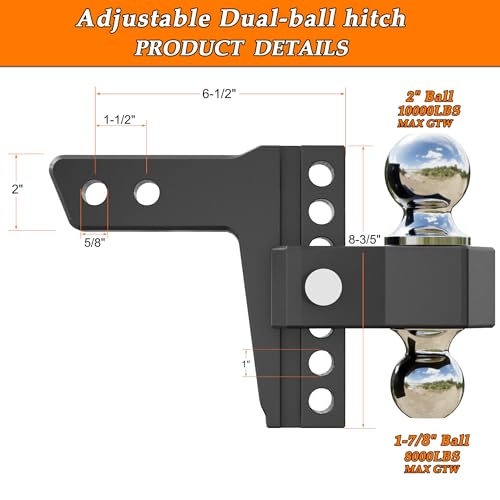 VNN Adjustable Trailer Hitch, Fits 2-Inch Receiver Only, 6-Inch Drop/Rise Aluminum Drop Hitch, 12,500 LBS GTW-Drop Hitch Ball Mount for Heavy Duty Truck, Black - Thumbnail 4
