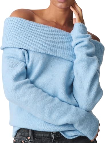 Image of Women Off The Shoulder Sweater Long Sleeve Ribbed Knit Top Y2k Pullover Sweaters Fall Going Out Streetwear