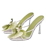 sexytag Clear Kitten Heels Floral Print Thong Sandals Slip On Flower Stiletto Heels Open Toe Heeled Mules Summer Wedding Dress Party Prom Heels Green Size 9