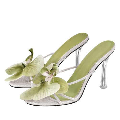 sexytag Clear Kitten Heels Floral Print Thong Sandals Slip On Flower Stiletto Heels Open Toe Mules
