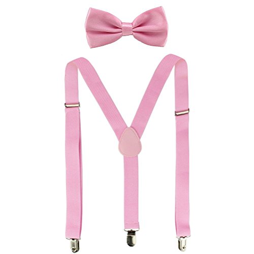 Suspenders For Men Women Adjustable Suspends Bow Tie Set Solid Color Y Shape (Pink)