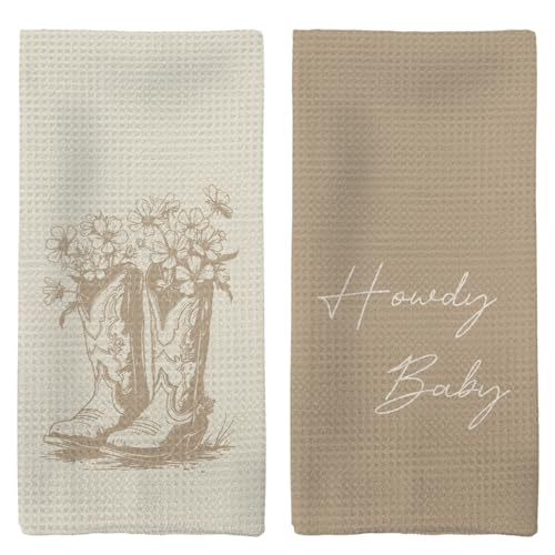 Tzhim Western Kitchen Towels Preppy Cowboy Hand Towels Black Cowgirls Boots Floral Rodeo Dishcloths Tea Towel for Kitchen Vintage Retro Howdy Baby KitchenBathroom Decor Set of 2 16x24in(Brown)