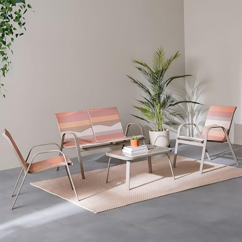 دانوب هوم طقم اريكة خارجية باربعة مقاعد من مابيل | اثاث حديقة باطار ستيل | اريكة فناء بتصميم عصري | طاولة جلوس خارجية وكراسي للحديقة - رمادي داكن/زهري