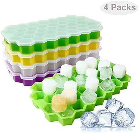 Silicone Honeycomb Ice Cube Trays with Lids Silicone Cake Chocolate Soap Making Molds 37 Cavities Mini Ice Cube Mold Storage Containers for Cocktail Whiskey 4 Packs