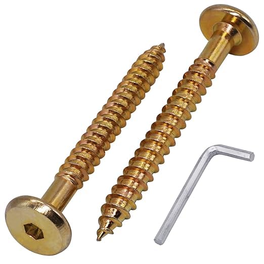 (Pack of 10) Yellow Zinc Plated Hex Socket Head Furniture Connector Bolts 1/4" x 1-9/16" (6.5 x 40 mm), Flat Head Furniture Bolts for Wood, with Hex Key Included