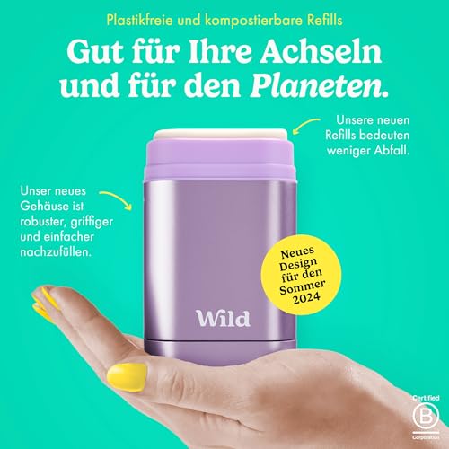 Wild - Natürliches nachfüllbares Deo - Aluminiumsalzfrei - Lilafarbener Deobehälter mit Nachfüll-Sortenpaket - Enthält Fresh Cotton & Sea Salt, Cherry Blossom, Coconut & Vanilla Düfte - Vegan