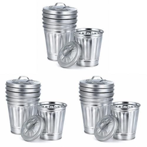 Image of jojofuny 9 Pack Mini Trash Cans with Lids, 3.7 Inch Silver Metal Garbage Can Favor Buckets, Small Desktop Bins for Trash Truck Birthday Party, Office Desk, Craft Storage, Pen Holder, Mini Planter