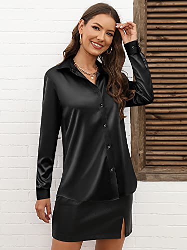 Satin Tops For Women S Silk Top Womens V Neck Button Down Roll Up Long Sleeve Tie Blouses Casual Elegant Dressy Formal Women's Collar V-Neck Work Office Blouse Business Flowy Dress Shirt Black Size Xs #TOP1