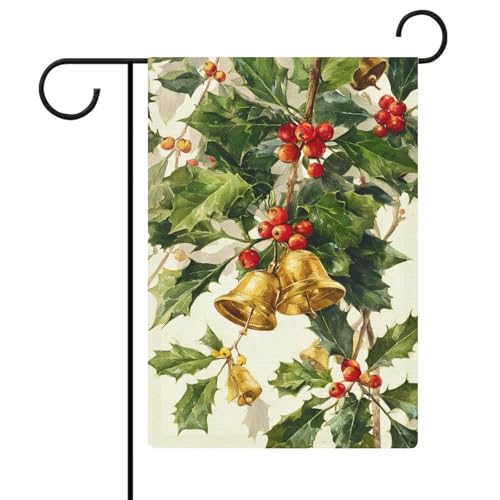 Bandera de jardín con diseño de campanas doradas, hojas de acebo, bandera de jardín de arpillera de doble cara para casa, patio, banderas exteriores de 12 x 18 pulgadas