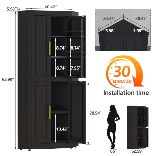 Image of GAIOUS 63 inch Tall Metal Corner Kitchen Pantry Cabinet, Steel Storage Cabinets with 4 Doors and 3 Shelves, Kitchen Food Cabinets with 6 Door Panel Shelves, Farmhouse Cupboard for Kitchen Dining, Black