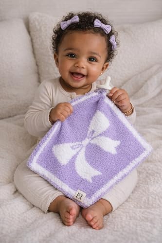 Image of L+L USA Bow Baby Lovey Pacifier /Teether Holder 10 inchx10 inch - DreamSoft Plush Fluffy Cuddly Soothie Reversible Mini Comfort Blanket - Cute Girly Newborn Gift Essential for Babies Girls (Lavender /White)