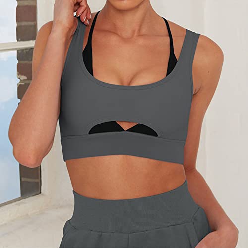 Lu's Chic Women's Crop Tops With Built-In Bra Tank Top Sports Fitness Active Shirts Yoga Hollow Out Slimming Sleeveless Padded Crew Neck Grey Small #TOP4