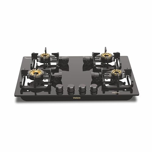 Image of Vidiem Vogue V1 4-Burner Gas Cooktop /Hob| First Fully Removable Burner Assembly|10MM Toughened Glass|Hexa Flame Forged Brass Burners| Thick Pan Support|Manual Ignition|5-Year Warranty