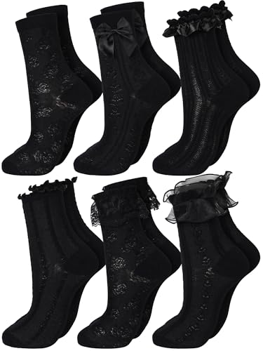 Fourluoo 6 Pairs Ruffle Socks Women Frilly Lace Ankle Socks Cream Lolita Princess Bow Breathable(Black)